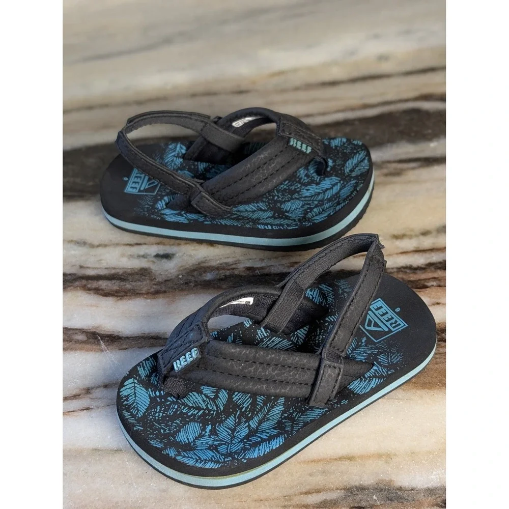 Reef Ahi Infant Sandals Black Blue Palm Leaf Print Flip Flops 6 Elastic Back